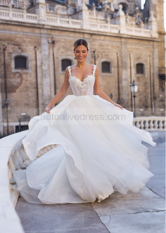 Beaded Ivory Lace Tulle Ruffle Wedding Dress